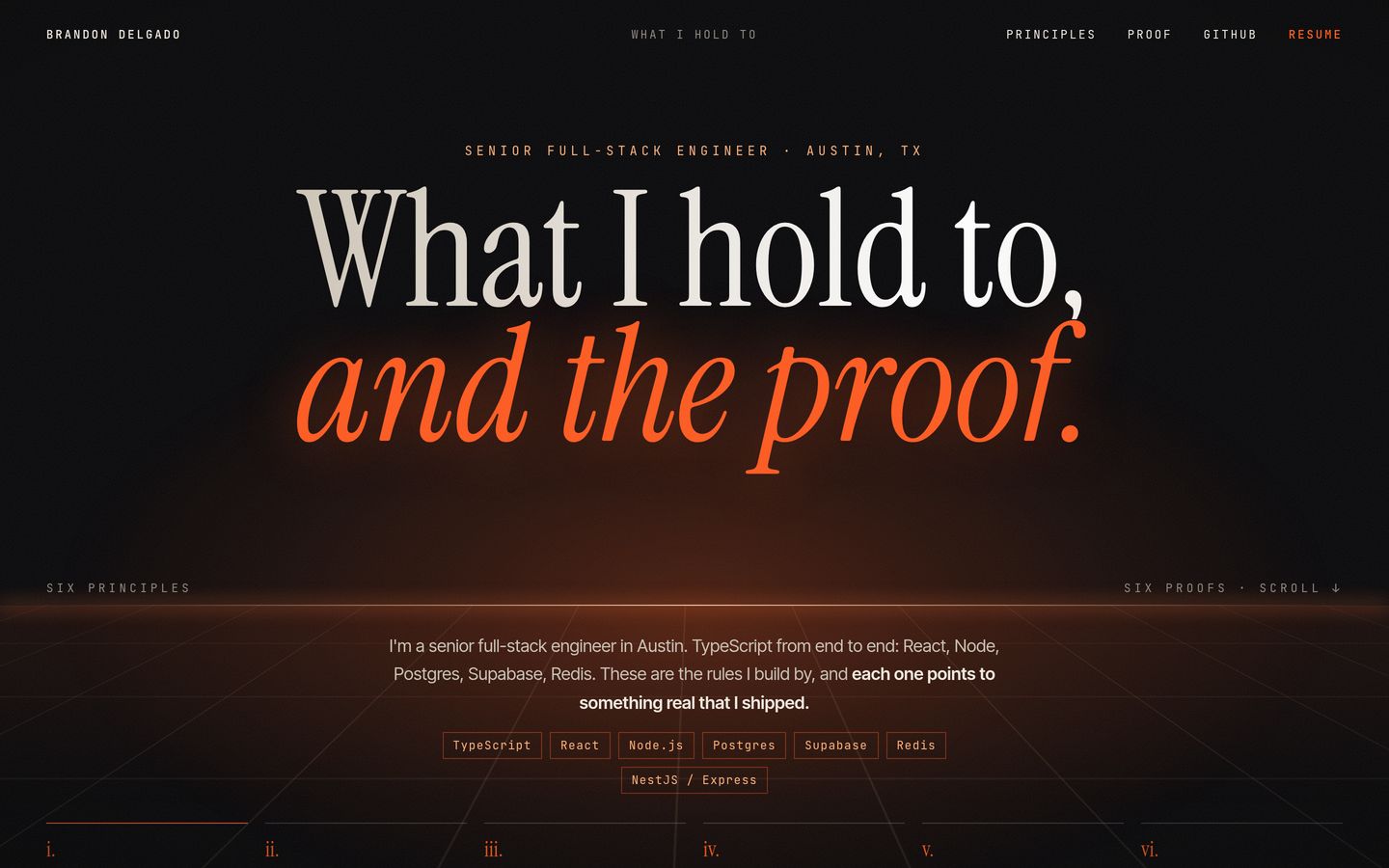 Brandon Delgado's personal portfolio on a desktop screen: a dark page with the headline "What I hold to, and the proof."