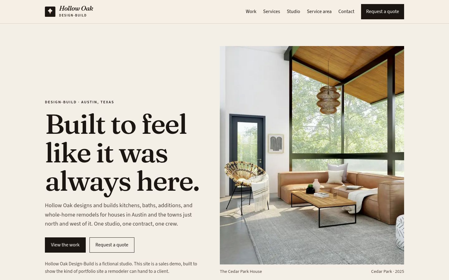 Hollow Oak Design-Build concept site on a desktop screen: headline "Built to feel like it was always here." beside a photo of a modern living room.