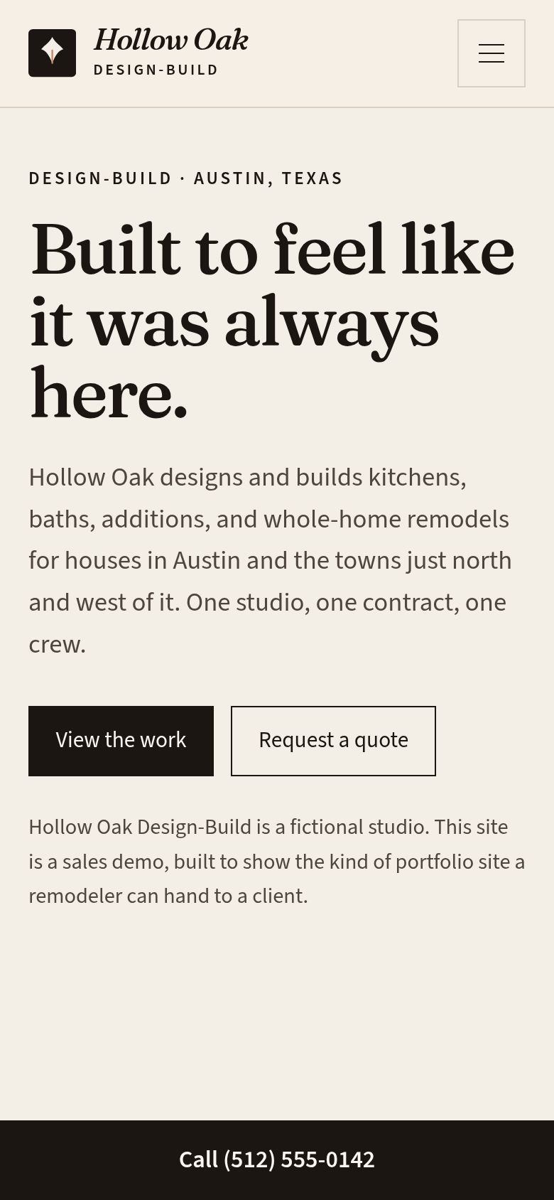 The same Hollow Oak concept site on a phone.